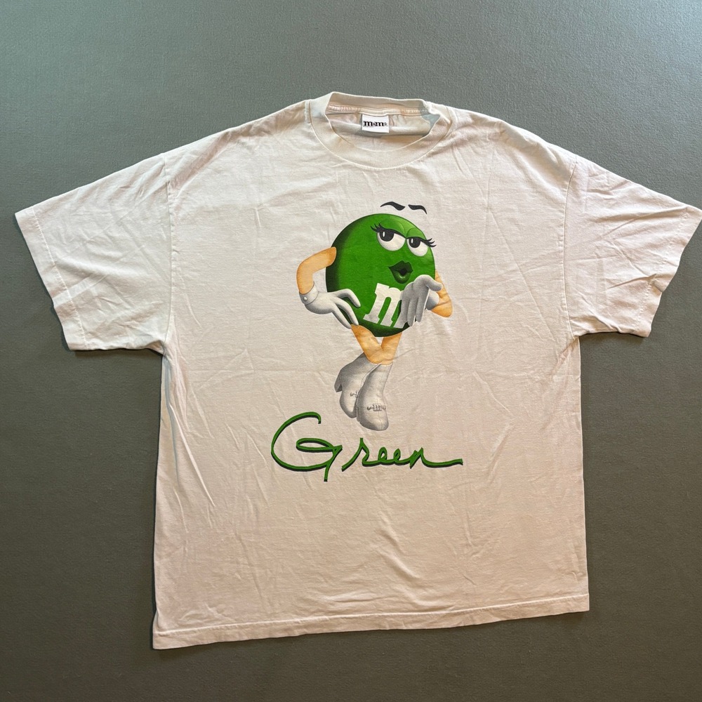 VTG M&Ms Green Character T Shirt Mens 2XL White Candy Graphic Tee Y2K